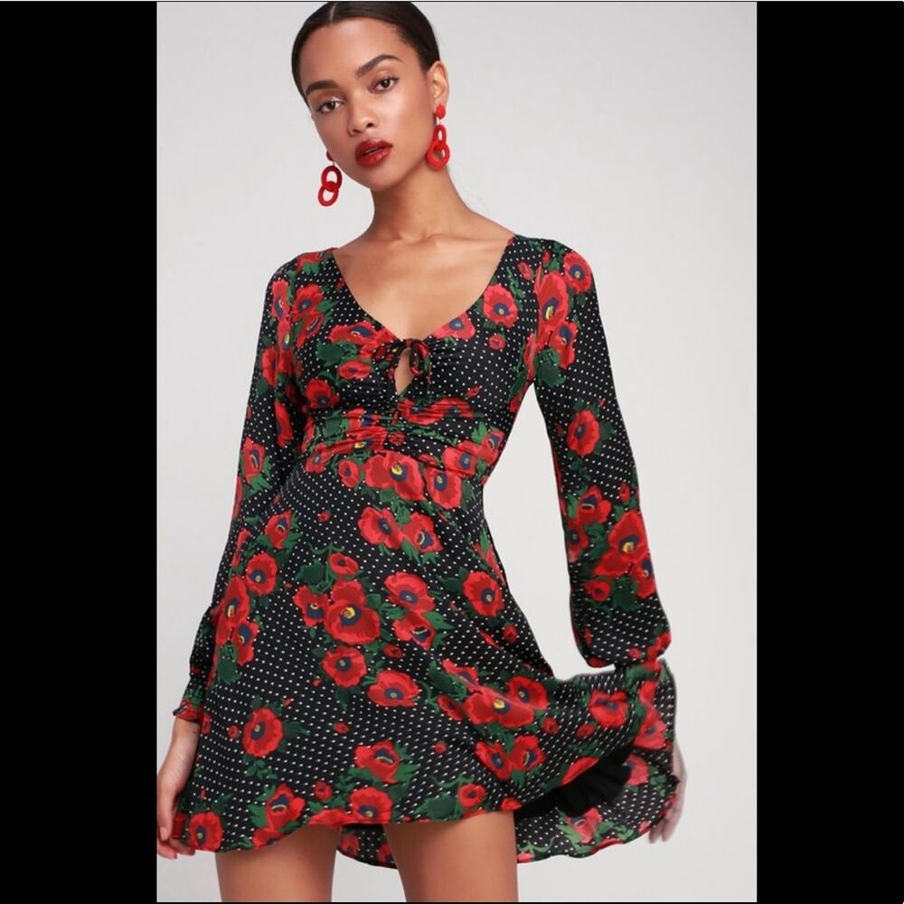 FREE PEOPLE Morning Light Retro Floral Printed Long Sleeve Mini Dress Size 2